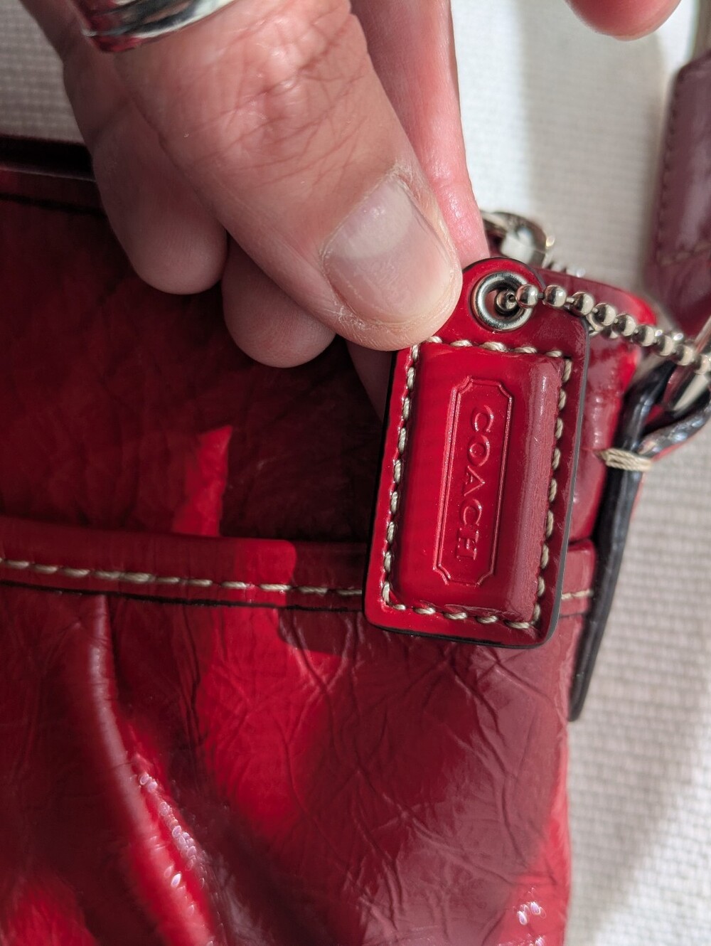 COACH Red Patent Leather Shoulder Bag with Logo Tag